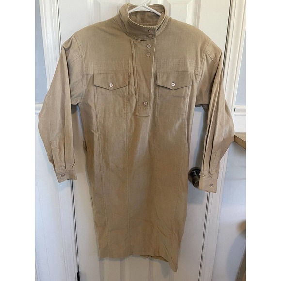 Together Tops - Vintage Together! Shirt Dress Sz 4 Tan Corduroy Long Sleeve Front Pockets